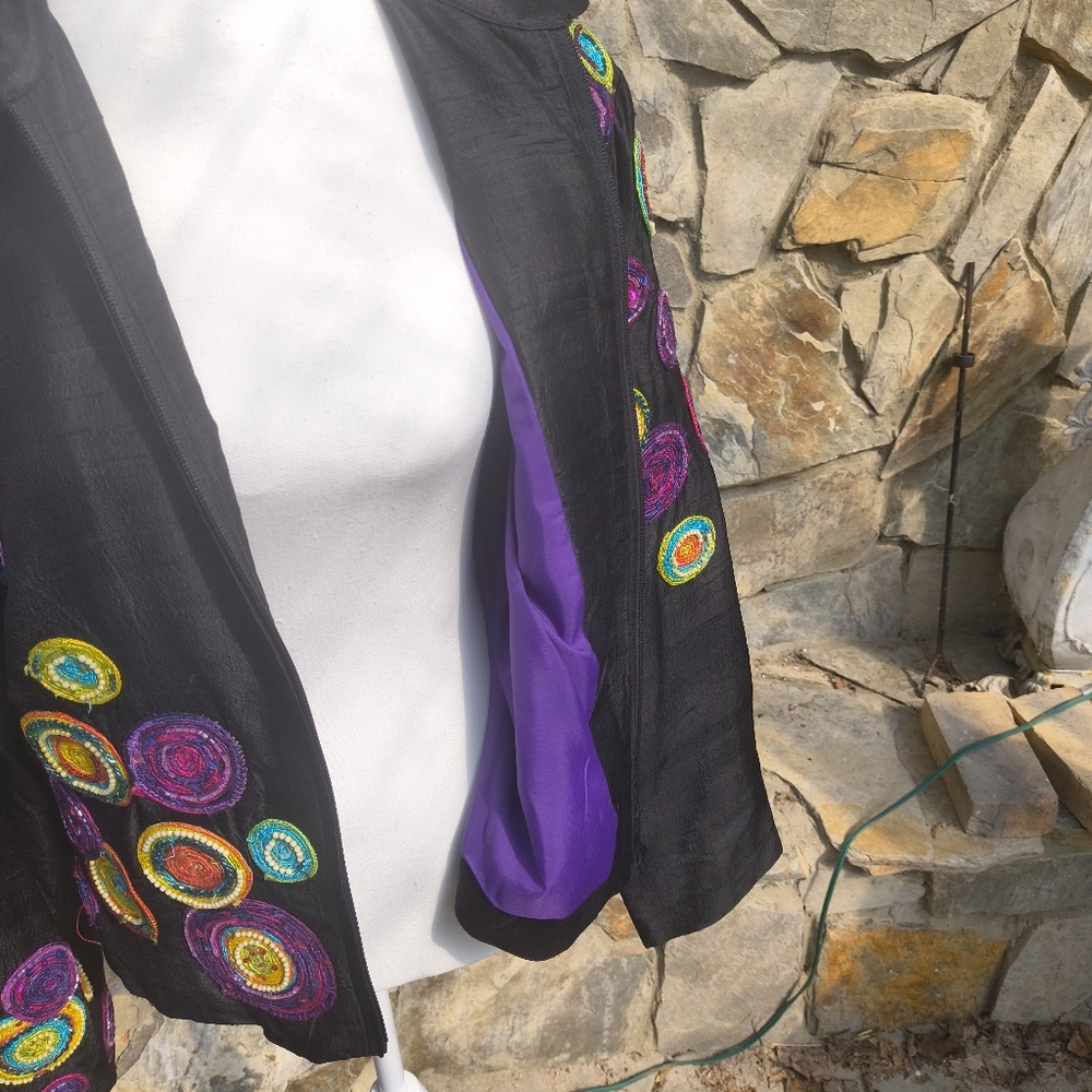 Anage Silk Black Jacket Vintage Art To Wear Embroidered Beaded Size Medium - Picture 4 of 8